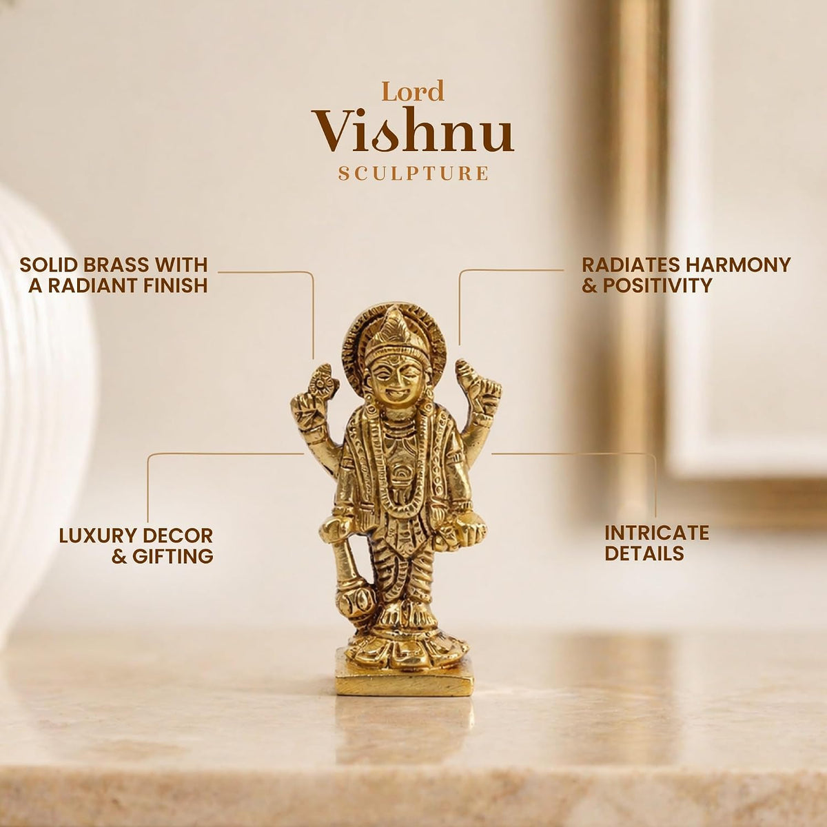 Brass Lord Vishnu Ji Idol | Vishnu Ji Murti for Pooja Room and Home Temple | Antique Brass God Figurine (Design03: L4 x W3 x H8 cm)