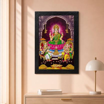 Lakshmi With Ganesha and Saraswati Photo Painting with Wooden Frame Black for Temple - (14 x 12 Inches)