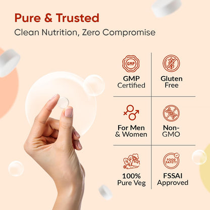Product packaging with certification logos and a hand holding a white capsule on a beige background.