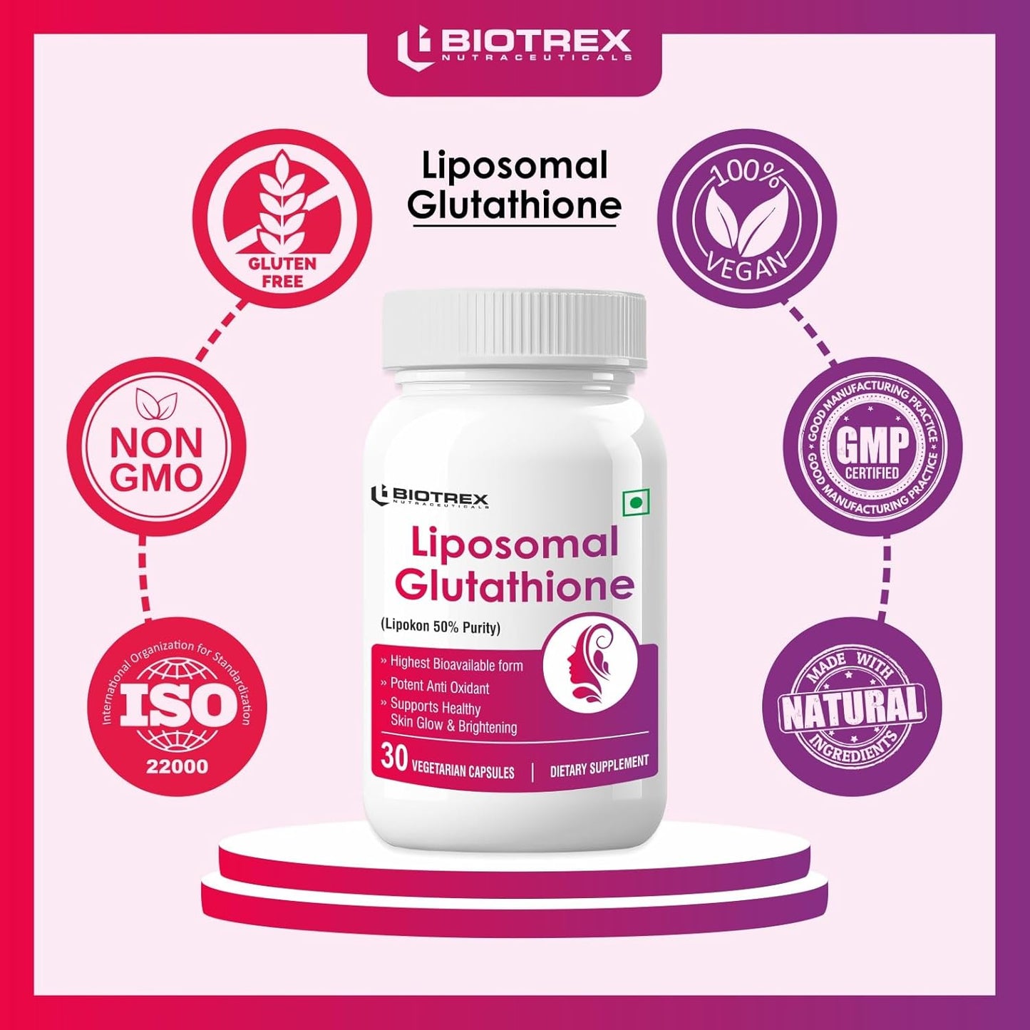 Biotrex Nutraceuticals Liposomal Glutathione Supports Healthy Skin Health, High Purity 50% Lipokon Form - 30 Veg Capsules