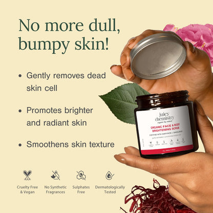 Juicy Chemistry Face & Body Brightening Scrub with Saffron & Sandalwood, 75g | Organic Exfoliating Scrub for Glowing Skin | Gently Removes Dead Skin Cells | Smoothens Skin Texture | Brightens Skin | Dermatologically Tested
