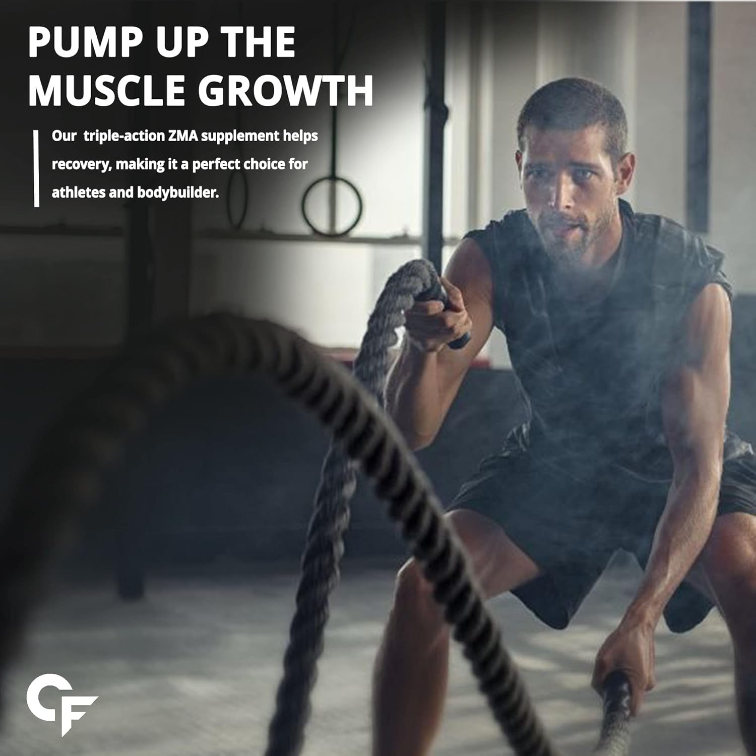 Man exercising with battle ropes in a gym setting, promoting a ZMA supplement for muscle growth.