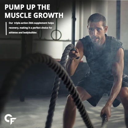 Man exercising with battle ropes in a gym setting, promoting a ZMA supplement for muscle growth.