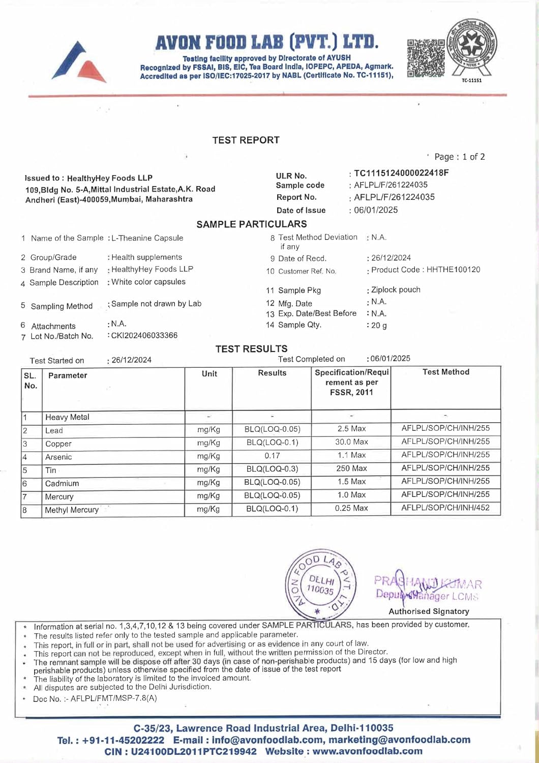 Avon Food Lab test report for a sample of L-Threonine Casamidate