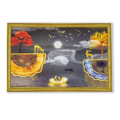 Abstract art Framed Golden Foil 3D Style Landscape Painting with 2 Deer Standing on Edge | Ready to Hnag - (14 x 20 inch, Multicolor)
