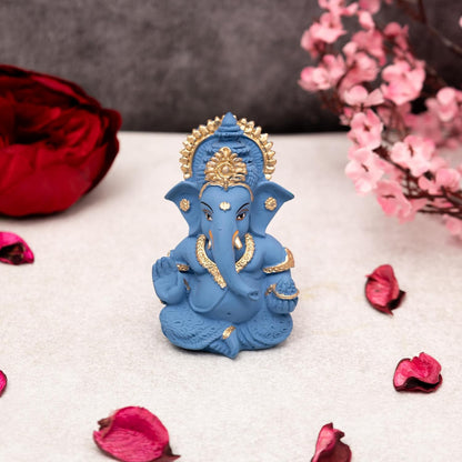 Lord Ganesha Idol for Car Dashboard, Home Temple & Office Decor | Gold Plated Resin Ganpati Murti for Puja, Mandir, Vastu, Diwali, Housewarming Gift | 3.5 Inch | Pack of 1 (Blue)