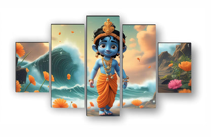 Bal krishna Paintings for Living Room | Painting for Wall Decoration | 3D Wall Art for Bedroom | Kanha Religious Wall Painting Set of 5 (75 x 45 cms) SANFPNLS35500