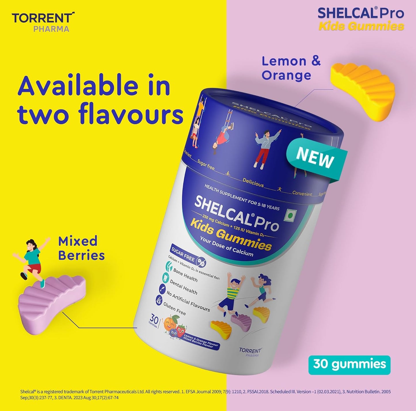 SHELCAL Pro Kids Gummies packaging with flavors lemon & orange and mixed berries on a yellow and pink background.