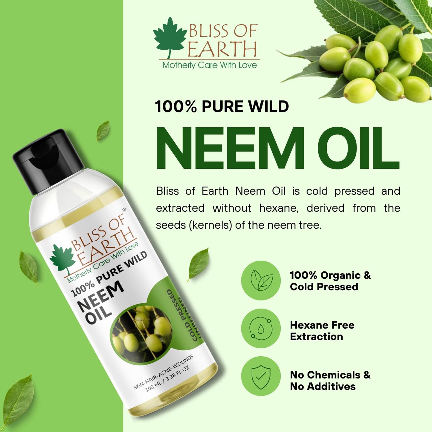 Bliss of Earth Neem Oil 100ml Pure Cold Pressed Natural Neem Oil for Skin, Scalp Care, Hair Dandruff & Hair Growth Support