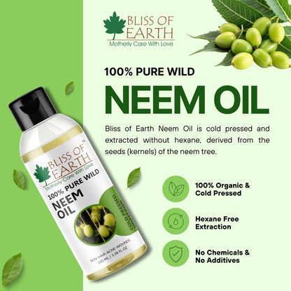 Bliss of Earth Neem Oil 100ml Pure Cold Pressed Natural Neem Oil for Skin, Scalp Care, Hair Dandruff & Hair Growth Support