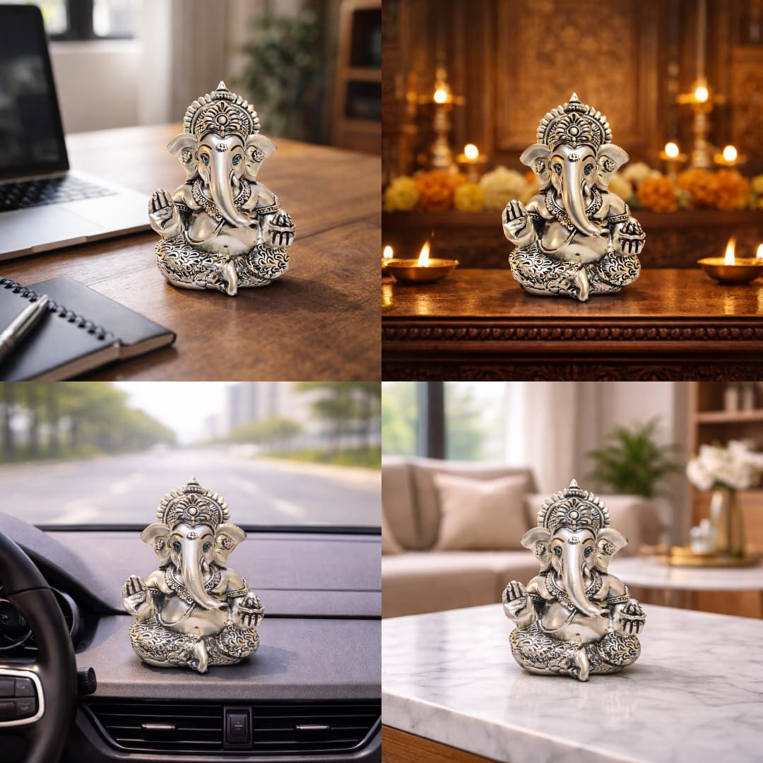 Gold Art India 999 Matte Silver Plated Antique Mukut Ganesha - 3.5" - Perfect for Gifting, Home Decor, Car Dashboard Murti Ganpati Idol for Home Decor Puja Statue Gift for Office Desk Puja Room, God