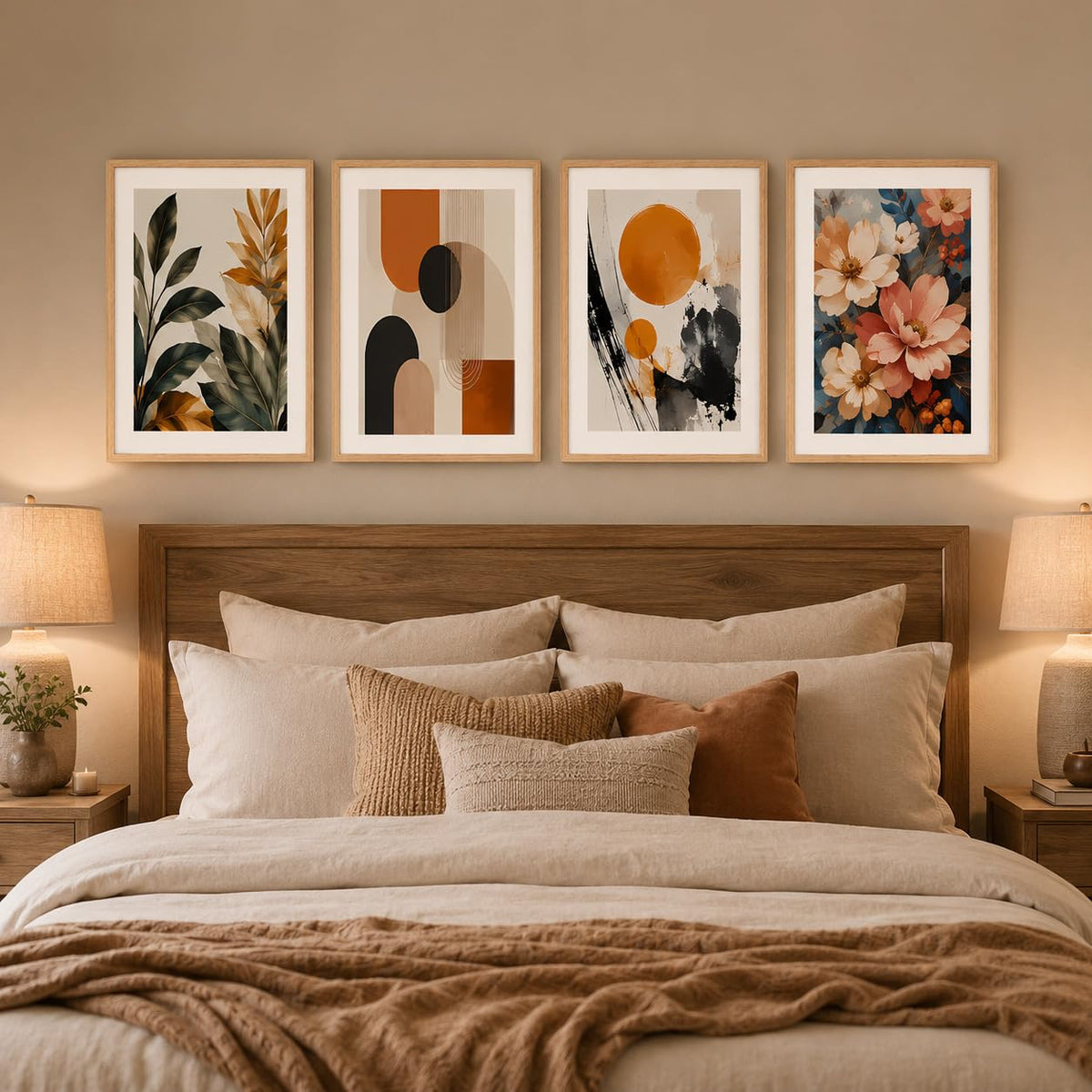 Set of 4 Botanical Floral & Geometric Abstract Wall Paintings with Sparkle Laminate and Premium Wooden Synthetic Frame for Living Room Bedroom Office Decor (13.5 x 19.5 Inch)