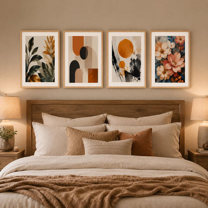 Set of 4 Botanical Floral & Geometric Abstract Wall Paintings with Sparkle Laminate and Premium Wooden Synthetic Frame for Living Room Bedroom Office Decor (13.5 x 19.5 Inch)