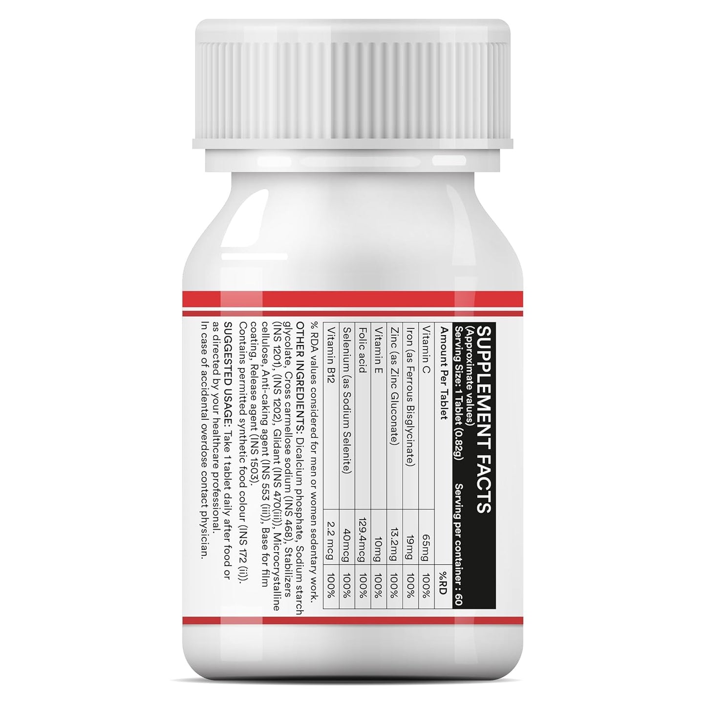 INLIFE Chelated Iron Folic Acid Supplement with Vitamin C, E, B12, Zinc & Selenium for Men Women - 60 Vegetarian Tablets (Pack of 1)