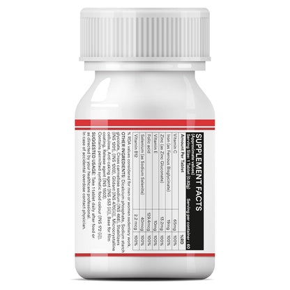 INLIFE Chelated Iron Folic Acid Supplement with Vitamin C, E, B12, Zinc & Selenium for Men Women - 60 Vegetarian Tablets (Pack of 1)