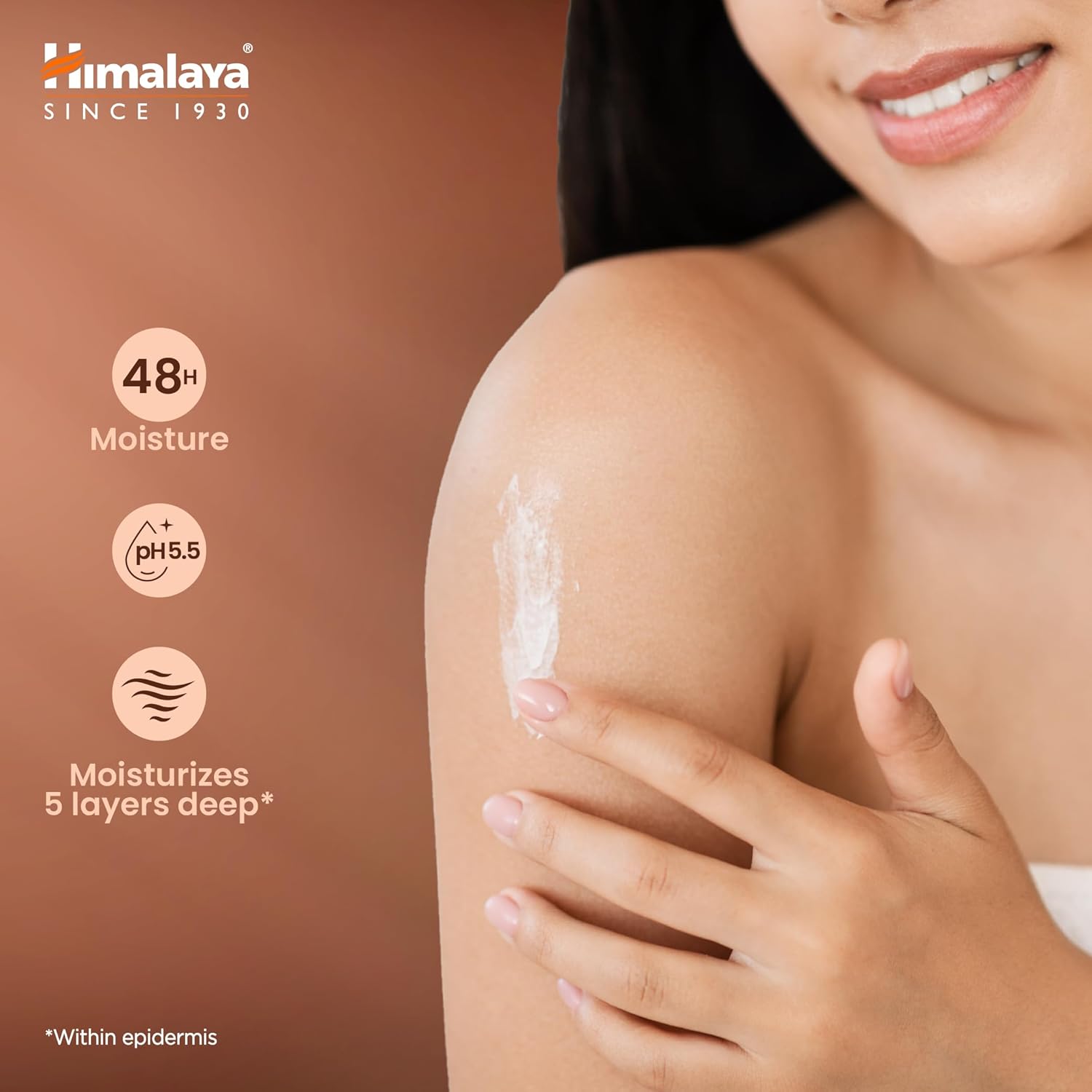 Himalaya skincare product application on a person's arm with product features displayed.