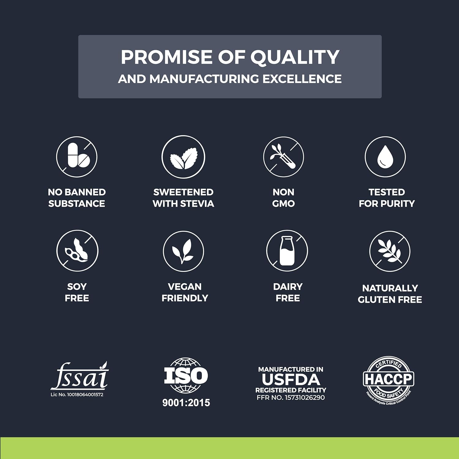 Quality and manufacturing excellence icons with corresponding labels on a dark background