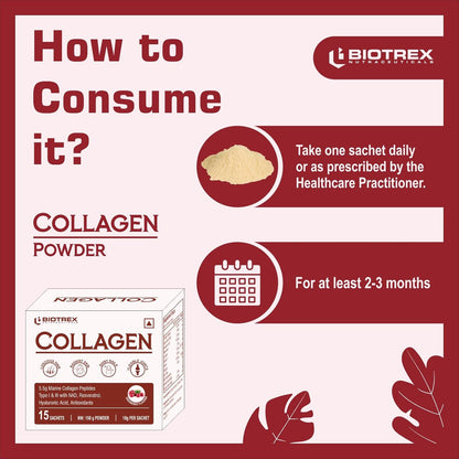 Biotrex Nutraceuticals Collagen Powder Supplement - 15 Sachets For Men & Women, Marine Collagen Powder Supports Healthy Skin, Luscious Hair, Flexible Joints, Shiny Nails, Cranberry Flavour