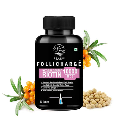 Touche Wellness Follicharge Tablets for Hair & Skin - Premium Formula with Biotin 10000 mcg with 18 Amino Acids, Mutli Minerals & Multivitamins for Men And Women 30 Tablets Bottle