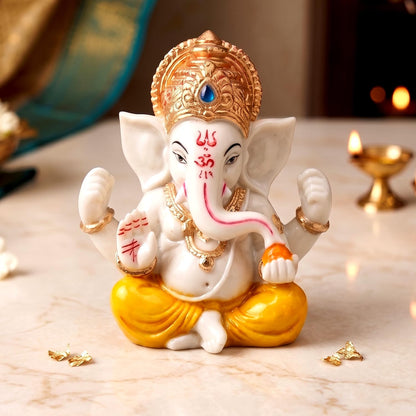Ganesha Idol for Car Dashboard Ganesha Murti Ganpati Idol Home Decor Puja Lord Ganesh Statue Gift for Office for Office Desk Puja Room Figurine (Yellow and Cream 2.5 inches)