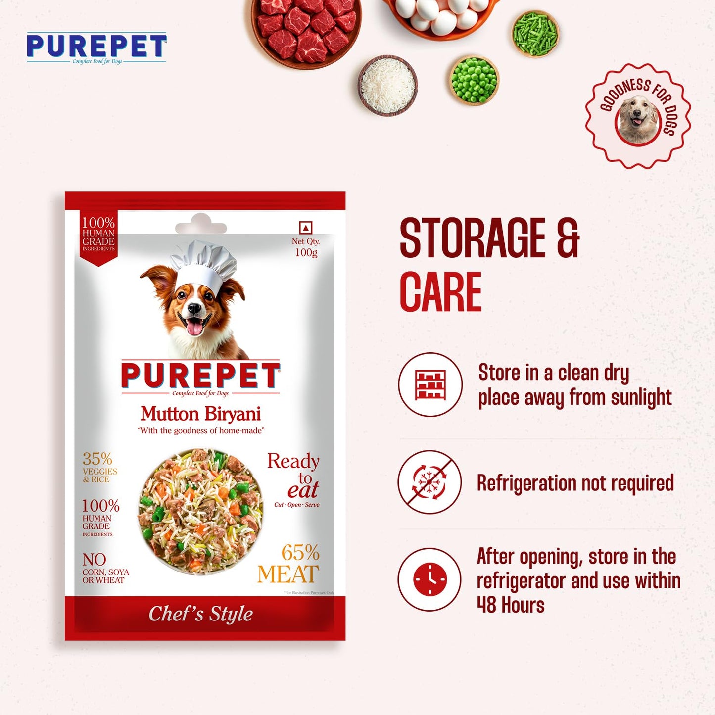 Purepet Fresh Dog Food Mutton Biryani, for Adult & Puppy, 100gm | High Protein, 65% Real Meat, 35% Veggies & Rice | No Preservatives | Ready to Serve | All Breeds | One Pack One Meal