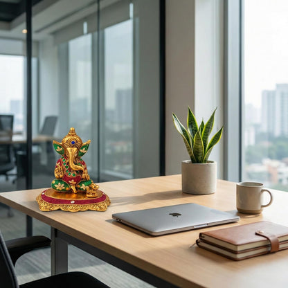 Kalakriti Metal Ganpati Idol with Mouse, 6 Inch Gold Finish Lord Ganesha Statue for Home Decor |Temple Office Hostel Desk, Hindu God Ganesh Vinayaka Decorative Showpiece for Living Room, Chua Ganesh