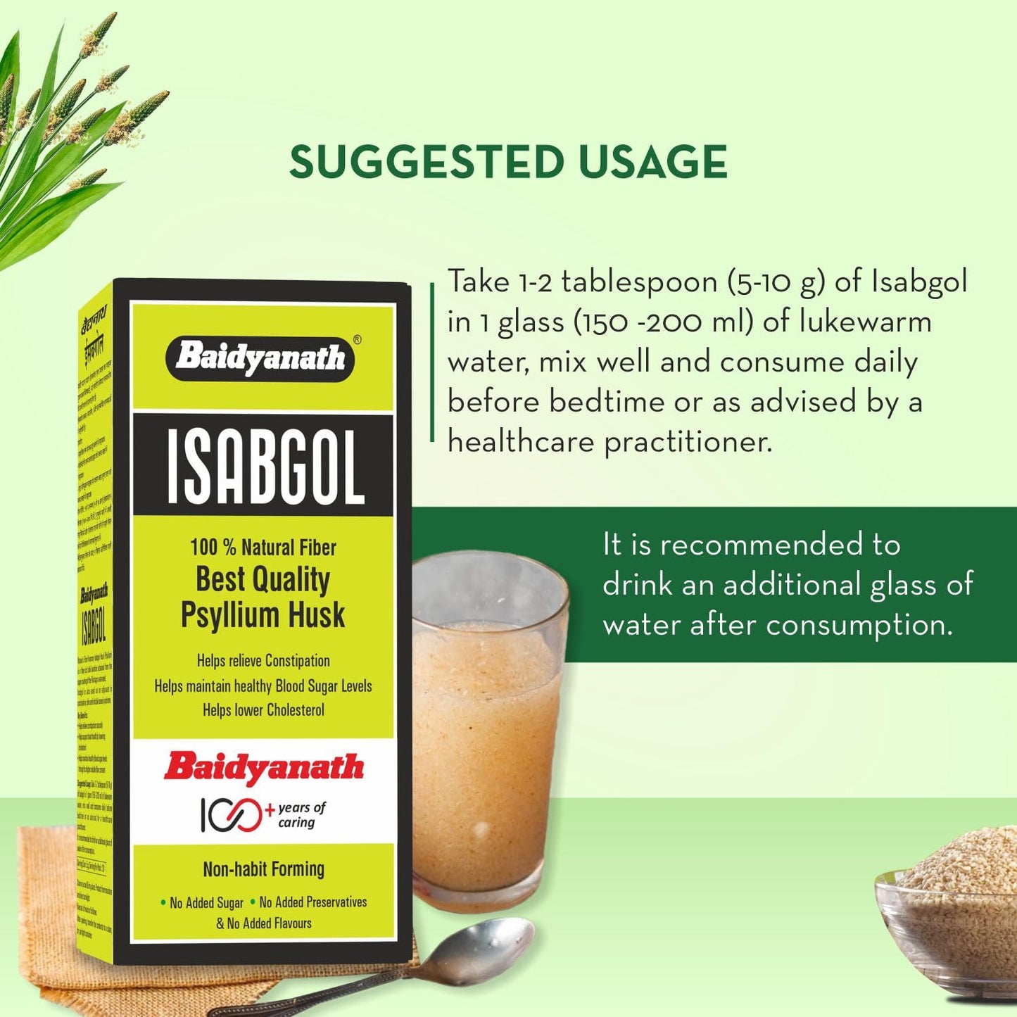 Baidyanath Isabgol packaging with suggested usage instructions on a green background