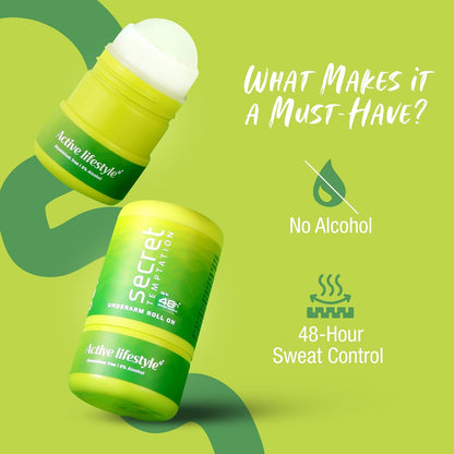 Green and yellow deodorant roll-on with features on a green background