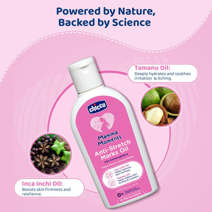 Chicco Mamma Moments Anti-Stretch Marks Oil 100ml | Helps Reduce Stretch Marks | Improve Skin Firmness | No Phenoxyethanol | Dermatologically Tested