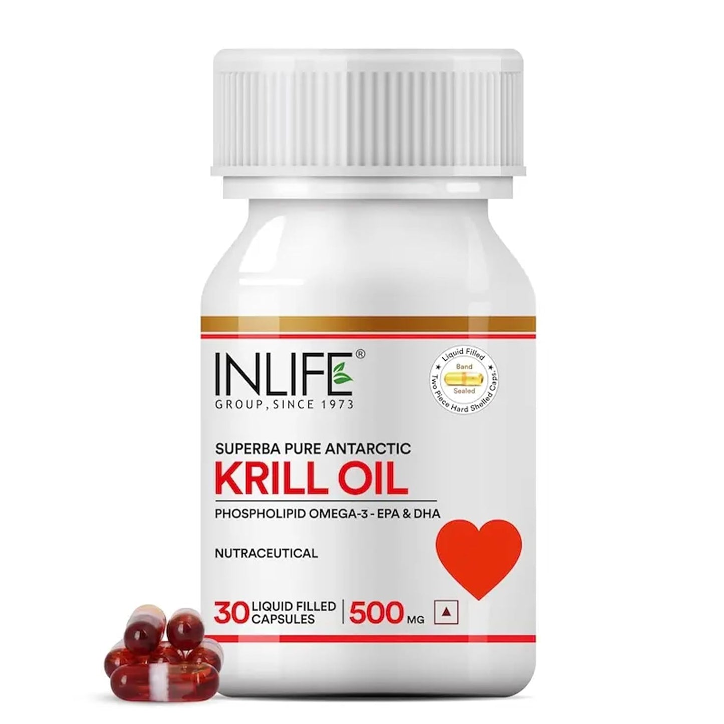 INLIFE Krill Oil Omega 3 Capsule 500mg | Antarctic Marine Phospholipids with EPA DHA Astaxanthin | Supplement for Heart, Brain, Joint, Eye & Skin Health - 30 Liquid Filled Hard Capsules (Pack of 1)