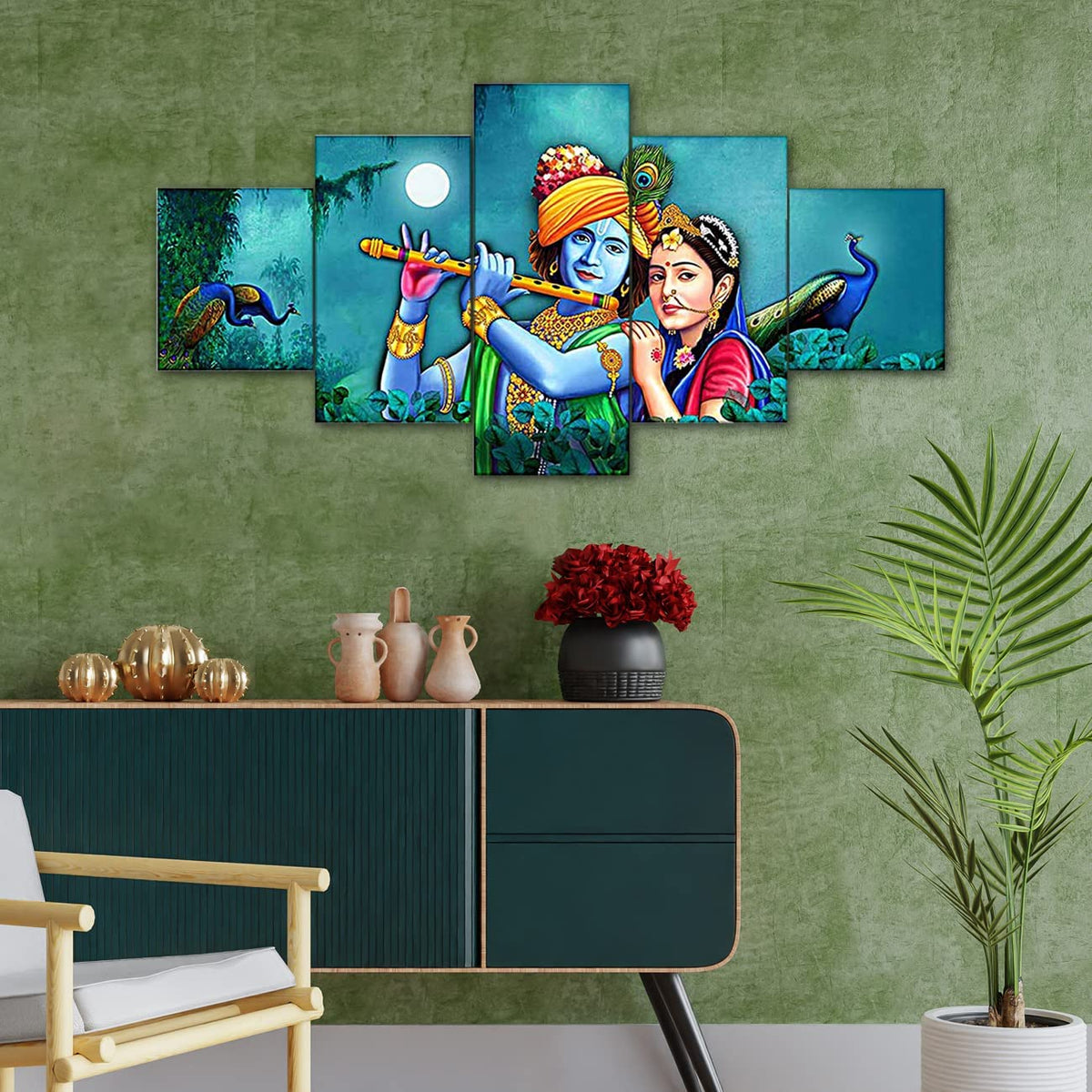 Radha Krishna 3D Scenery Wall Painting Set of 5 | Painting For Wall Decoration | Large Framed Wall Decor for Living Room, Office (75 x 43 cm) K8Md - Wood