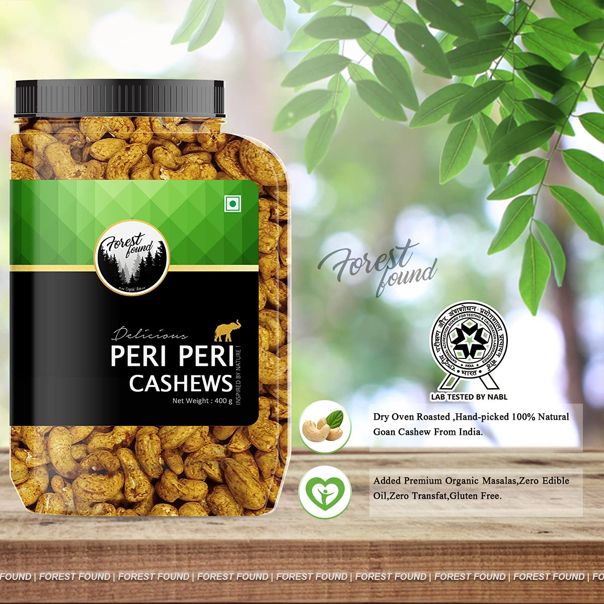Forest Found Peri Peri Roasted Cashews 400g Spicy Oven Roasted Whole Kaju | 100% Oil-Free & Dry Healthy Crunchy Vegan Snack | Gluten-Free Non-Fried Peri Peri Cashew Nuts