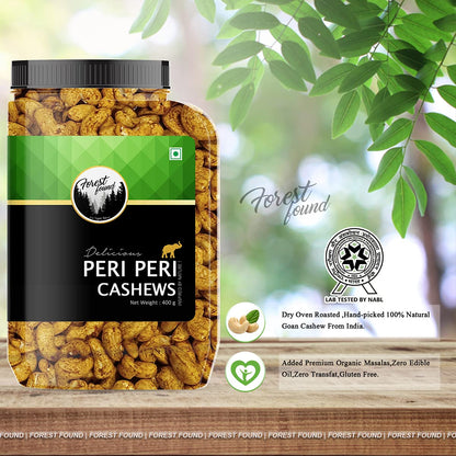 Forest Found Peri Peri Roasted Cashews 400g Spicy Oven Roasted Whole Kaju | 100% Oil-Free & Dry Healthy Crunchy Vegan Snack | Gluten-Free Non-Fried Peri Peri Cashew Nuts