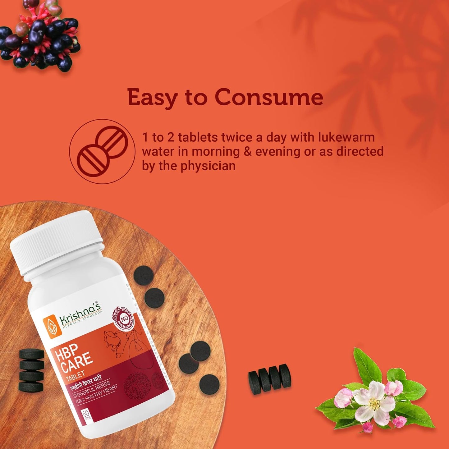 Krishna's HBP Care Tablets With 5 Herbs for Healthy Heart - Helps manage Stress & Mental Wellness - 60 Tablets (Pack of 1)