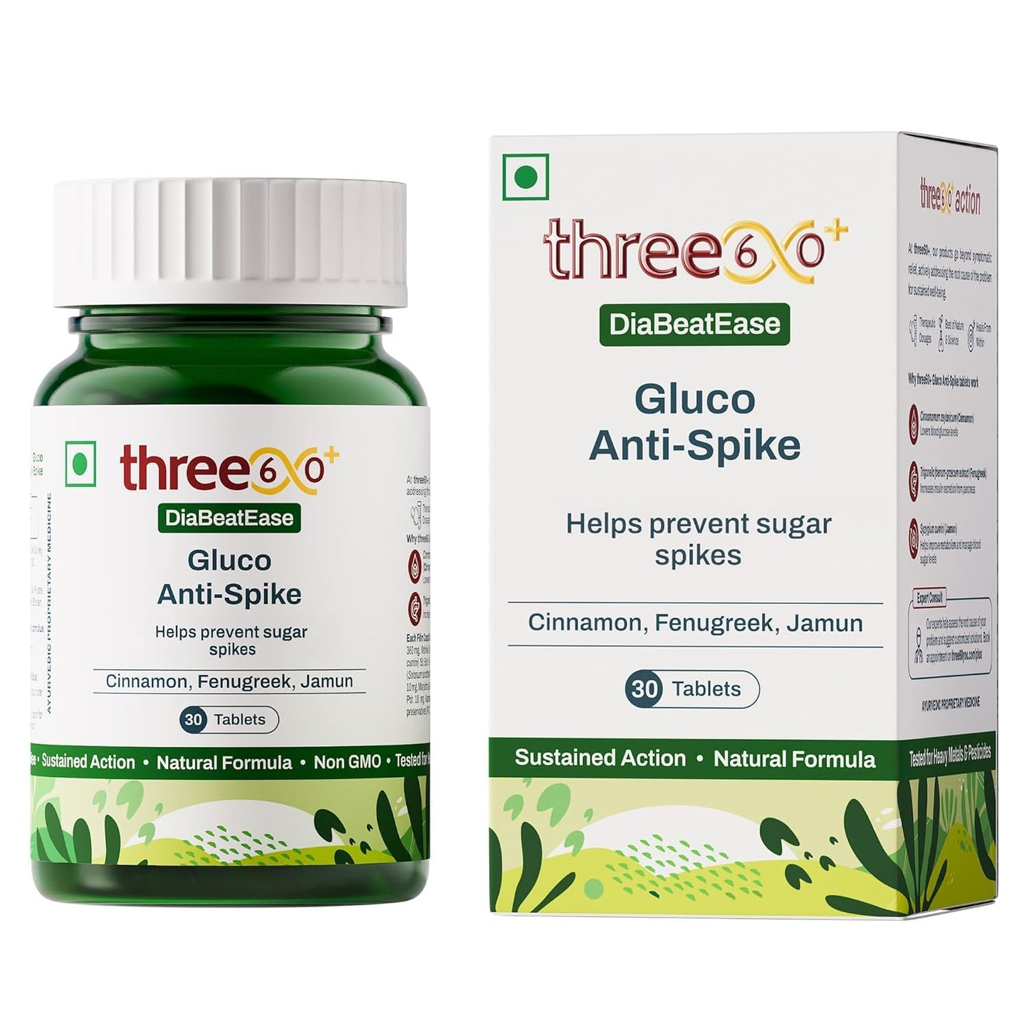 three60+ Gluco Anti-Spike Tablets | Sugar Control Tablet for Prediabetics | 14-Hour Sustained Release | Clinically Proven Diabetic Care Tablets & Supplements | Natural, Gluten Free, Non-GMO | 30 Tablets