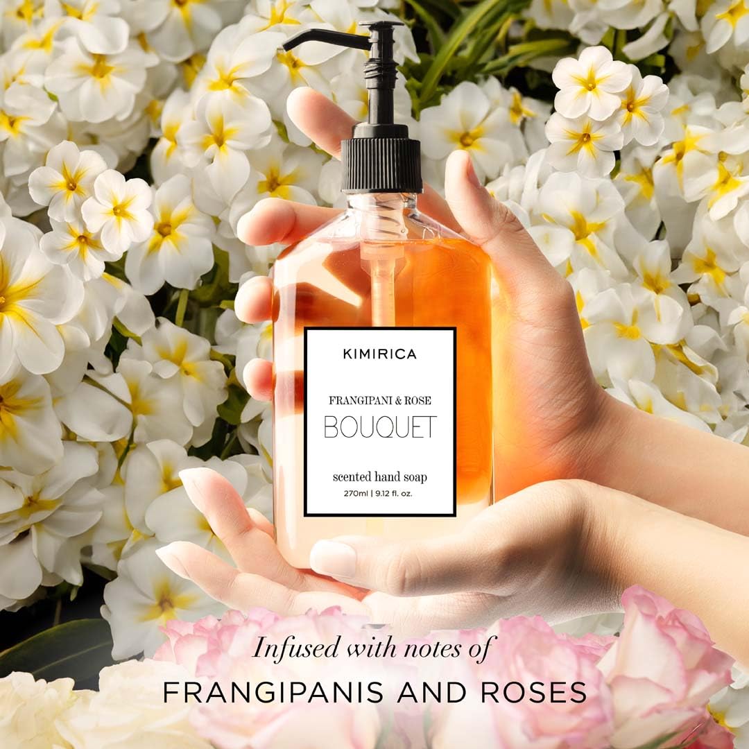 Kimirica Bouquet Luxury Hand Wash | Frangipani and Rose | Skincare Moisturizing | Antibacterial Formula | 100% Vegan & Paraben Free | 270 ml