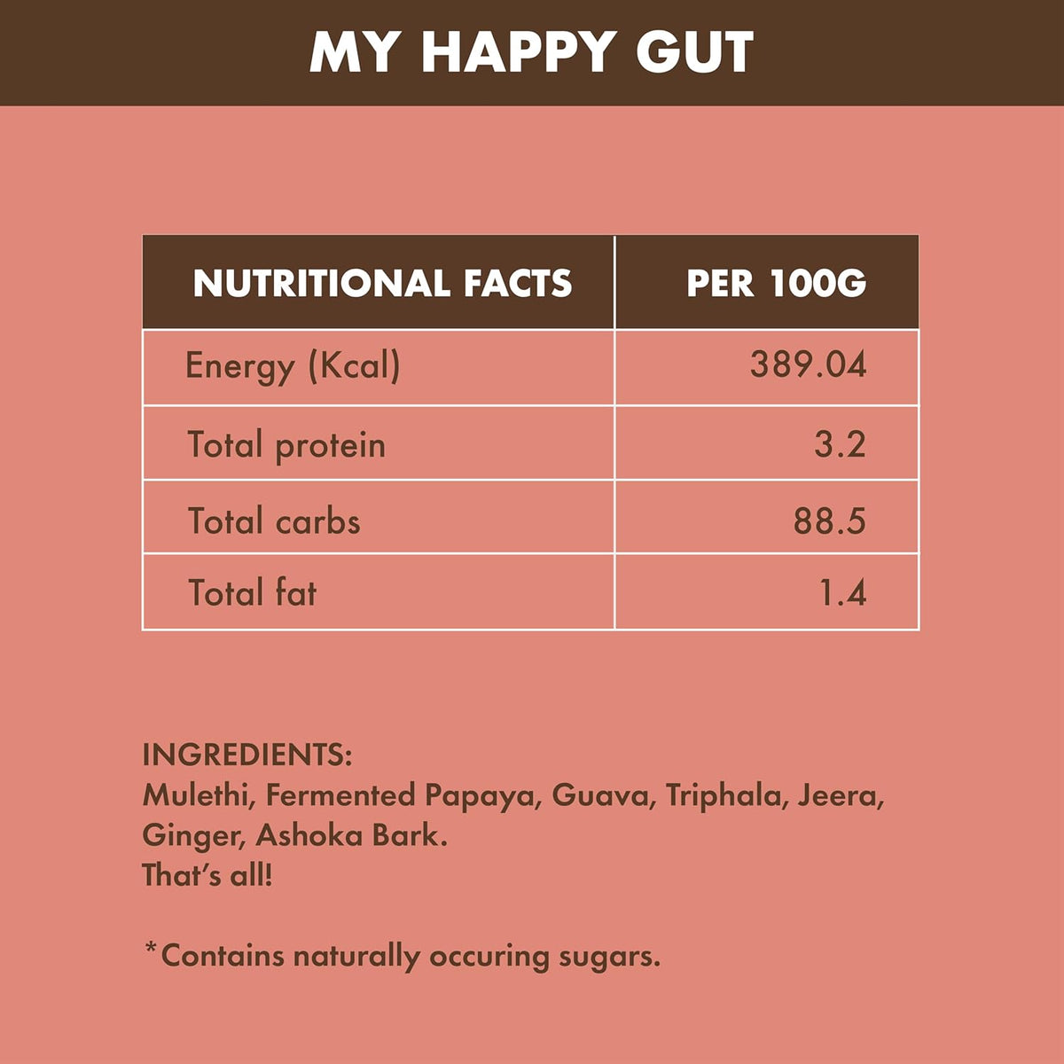 Nutritional facts and ingredients list for a product called 'My Happy Gut' on a pink background.