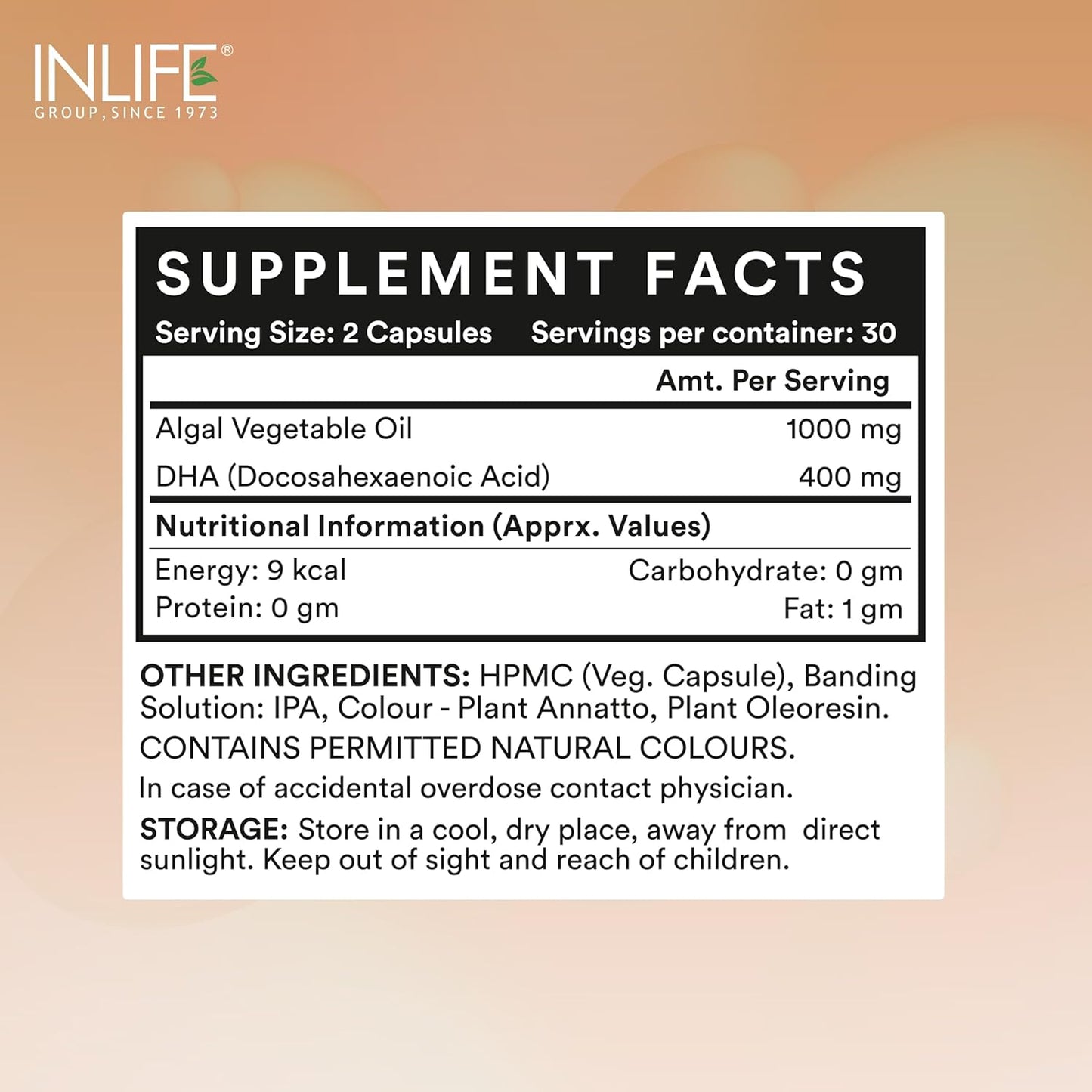 INLIFE Plant Based Omega 3 Supplement | DHA 400mg from Algal Oil | Skin, Eye, Bone, Joint Health - 60 Liquid Filled Vegetarian Capsules (Pack of 1)