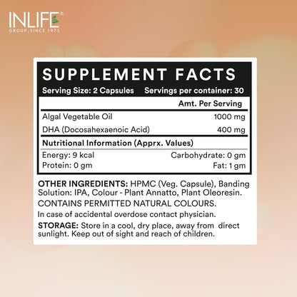 INLIFE Plant Based Omega 3 Supplement | DHA 400mg from Algal Oil | Skin, Eye, Bone, Joint Health - 60 Liquid Filled Vegetarian Capsules (Pack of 1)