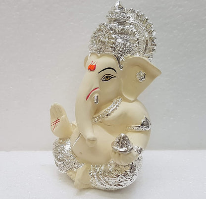 Gold Art Indiagold And Silver Plated Ganesha Idol Silver Chandan Ganesh Idol For Car Dashboard Ganesha Murti Ganpati Idol For Home Decor Puja Lord Ganesh Statue Gift For Office Desk Puja Room Figurine