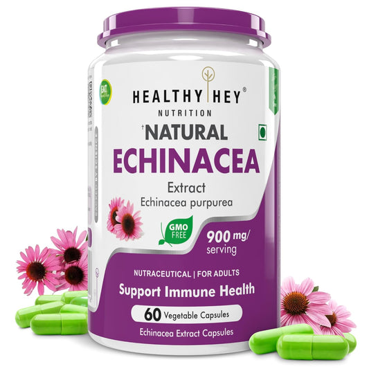 Healthy Hey Nutrition Echinacea supplement bottle with flowers on a white background