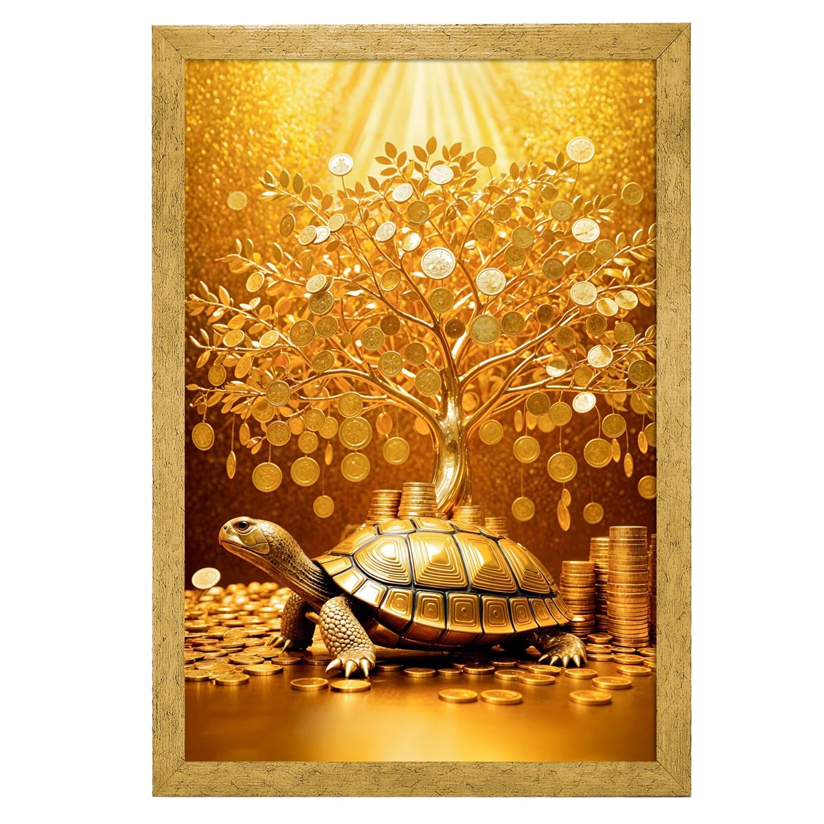 Money Tree Painting For Vastu, Golden Money Tree Frame For Wall, 12.0 x 18.0 inch, Multicolorm, Set of 1