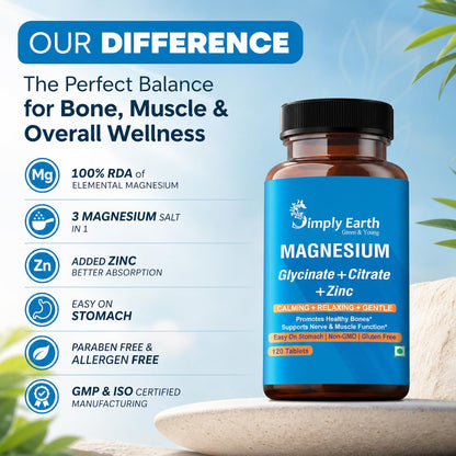 Simply Earth Magnesium Complex supplements - 120 Veg Tablets with Magnesium Glycinate; Citrate; Oxide & added Zinc - Promotes Healthy Bones; Supports Nerve & Muscle Function