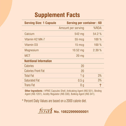Supplement facts label with detailed nutritional information on a beige background