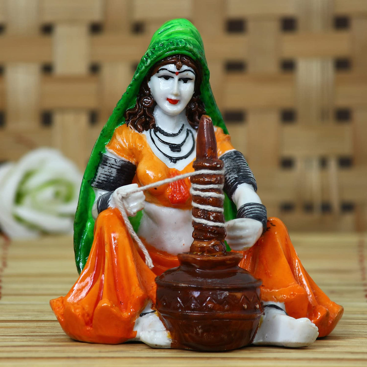 Rajasthani Lady Using Makhan Handi Polyresin Statue (10 cm x 12.5 cm x 15 cm)