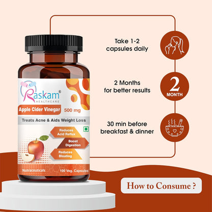 Apple Cider Vinegar 500 mg for Weight Loss management & Gut Health Supplement | Supports Metabolism & Heart Wellness | 100 Veg Capsules