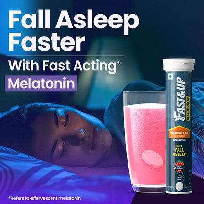 Advertisement for Fast&Up Melatonin supplement showing a person lying down with a glass of pink liquid.