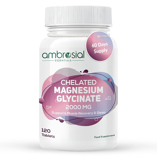 Supplement bottle labeled 'Chelated Magnesium Glycinate' by ambrosial on a white background