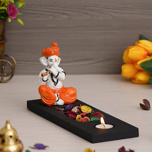 Orange White Resin Lord Ganesha Idol Playing Flute Showpiece Potpourri Rectangle Tea Light Candle Holder| Ganpati Murti Tea Light Holder Diwali Decoration Items for Home Decor| Diwali Gift