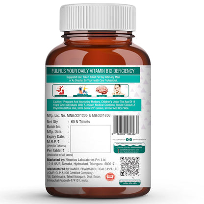 THE BODY RESERVE Vitamin B12 Tablets 1500 mcg as Methylcobalamin | Vitamin B12 Supplement for Energy, Focus & Nerve Health | 60 Veg Tablets (2 Months Supply Pack)